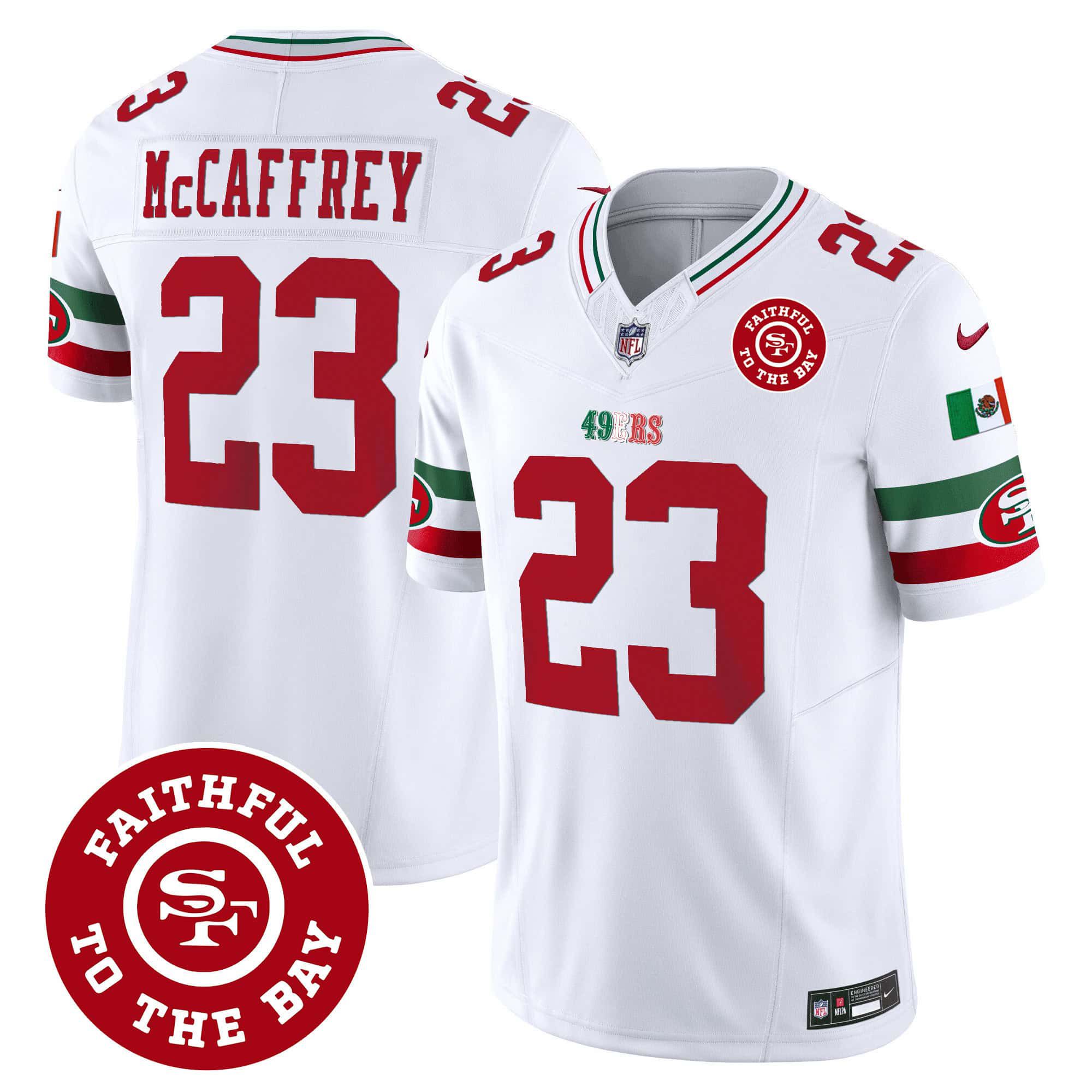 Men San Francisco 49ers 23 Mccaffrey White 2024 Nike Mexico Faithful To The Bay Patch Vapor NFL Jersey